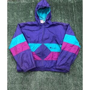 Champion Color Block Windbreaker Jacket Hooded Purple Teal Pink Medium